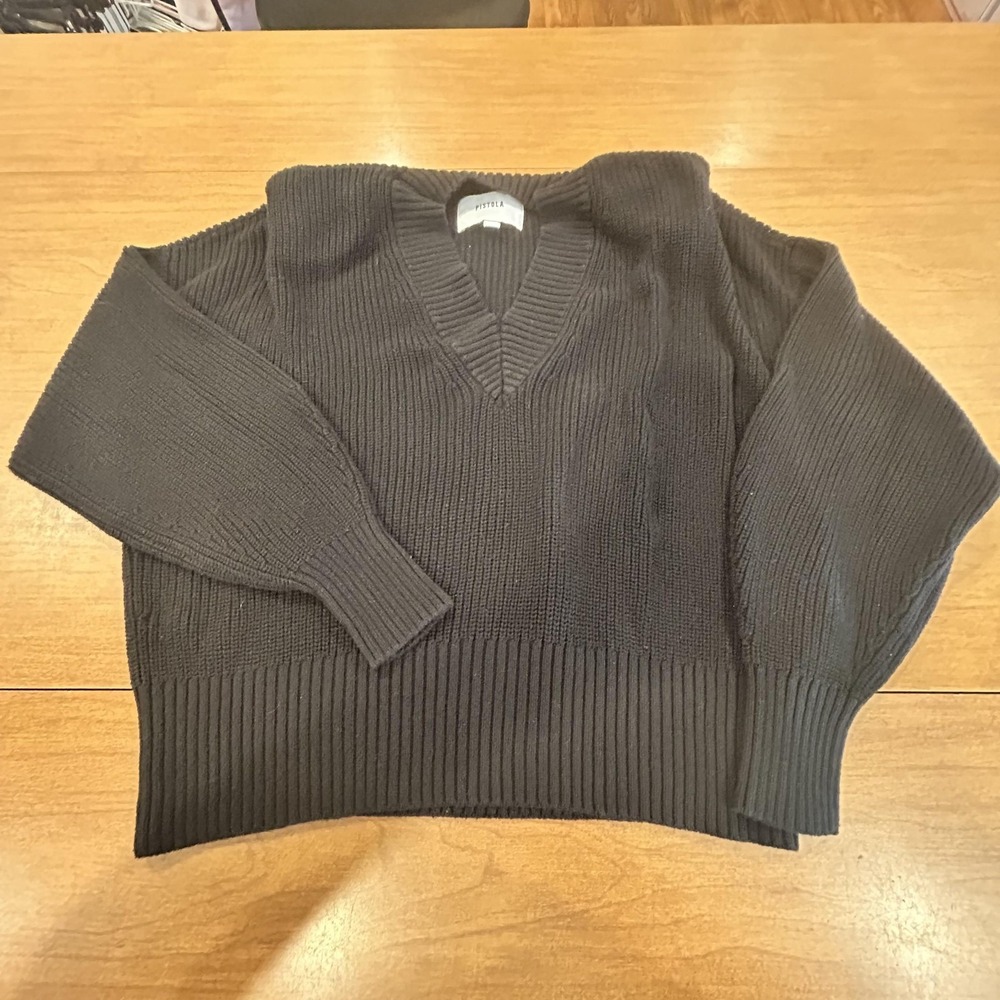 Pistola Sweater Womens Small Black Cotton Chunky Knit V Neck Ribbed Pullover